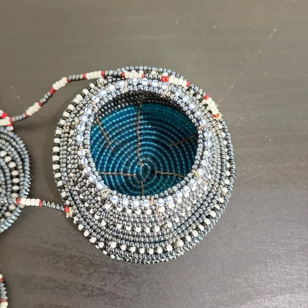 Handmade Beaded Miniature Basket Bag Coiled Wire Seed Bead Trinket Pot